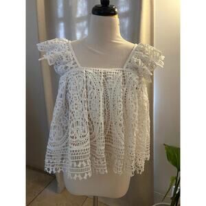 Chicwish White Lace Crochet Crop Top Flutter Sleeve Coquette Fairy Bridal Boho